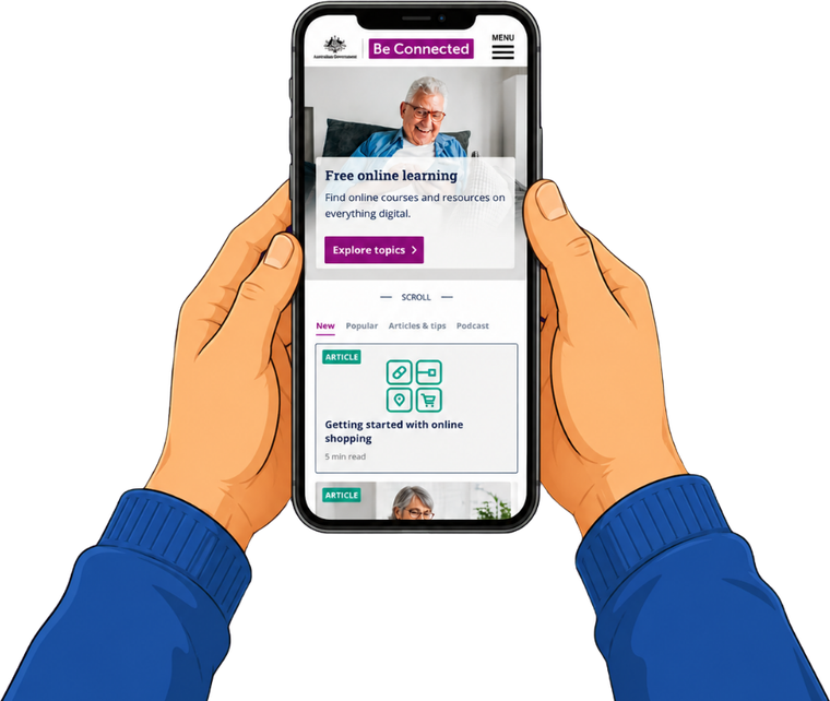 Hands holding a phone showing the Be Connected free online learning app